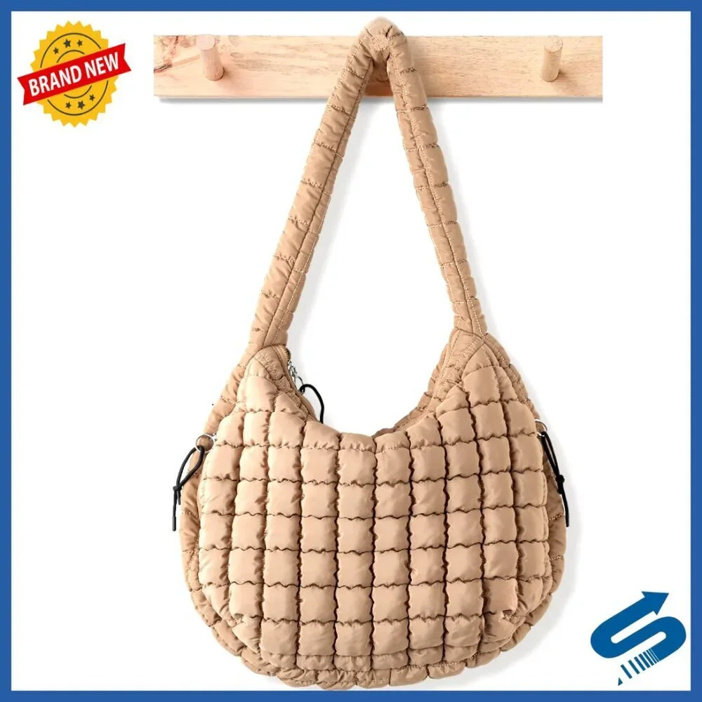 Large Quilted Puffer Tote Bag with Crossbody Strap, Multiple Pockets
